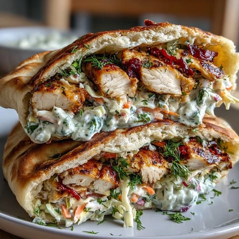 Fresh dill and parsley ranch slaw adds crunch to golden grilled chicken nestled inside a soft pita, served with lemon wedges.