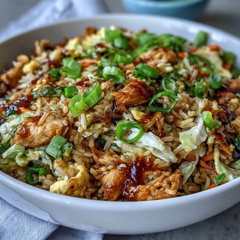 A hot skillet of Egg Roll Fried Rice with Chicken featuring scrambled eggs, bean sprouts, and colorful vegetables for a quick family dinner.