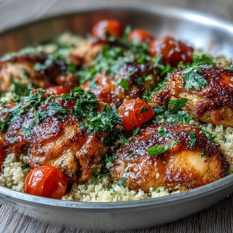 Golden-brown seared chicken breasts nestled in fluffy couscous with vibrant cherry tomatoes and fresh parsley garnish.