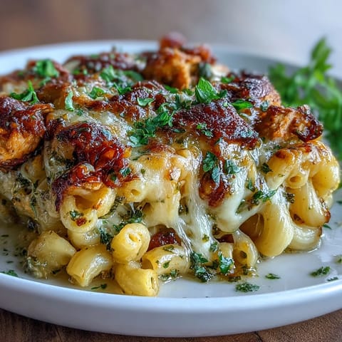 Steaming skillet of Pesto Chicken Chili Mac reveals bright sun-dried tomatoes and fresh basil pesto swirled into cheesy noodles.