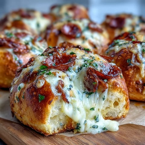 Golden-brown Pizza Roll Stuffed Garlic Knots with melted cheese and pepperoni visible on a rustic wooden serving board.