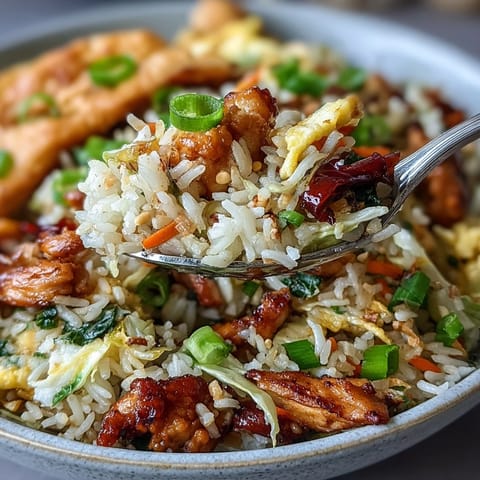 Steamy wok shot of Egg Roll Fried Rice with Chicken featuring scrambled eggs, green onions, and a drizzle of sriracha for a spicy kick.