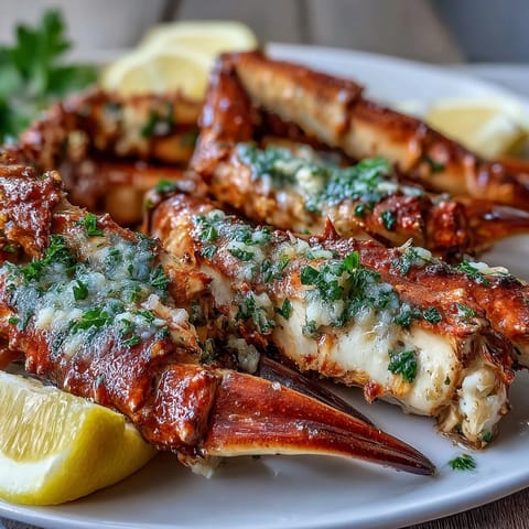 Freshly baked Keto Garlic Butter Crab Legs glistening with garlic butter, paired with bright lemon wedges for squeezing.