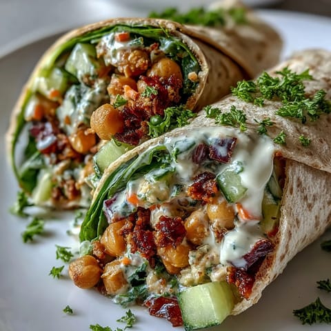 Freshly assembled Vegan Lemon Tahini Chickpea Wraps with vibrant red onion and cucumber chunks, served alongside lemon wedges and salad greens for a quick Mediterranean-inspired lunch.