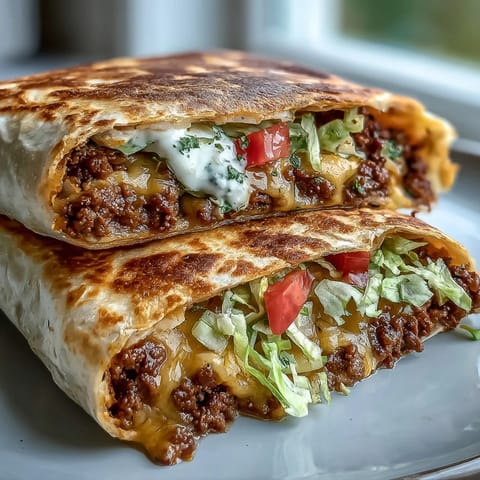 A hand holds a sliced Keto Taco Bell Copycat Crunchwrap, revealing the melted cheddar, sour cream, and tomato filling inside.