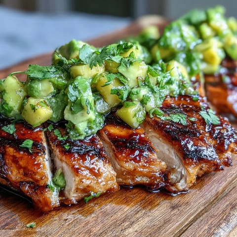 Freshly grilled chicken breasts sliced and topped with a colorful mango avocado salsa featuring red onion and cilantro.