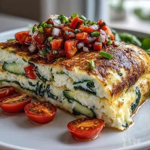 Fluffy egg whites and bright vegetables are folded inside this Light Veggie Egg White Omelette, topped with a spoonful of fresh, zesty salsa.