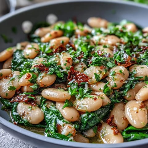 A vibrant vegan lemon garlic white bean skillet with spinach, bursting with fresh flavors and zesty lemon sauce.  