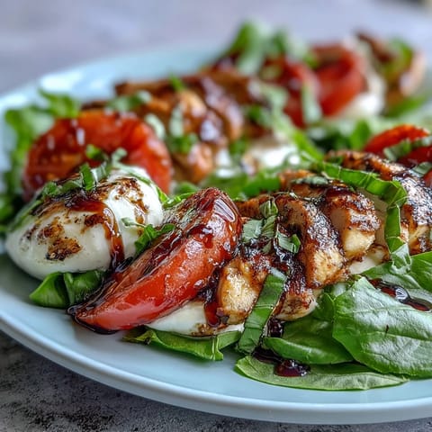 Juicy grilled chicken slices atop Caprese salad with tomatoes, mozzarella, basil, and tangy balsamic glaze.  