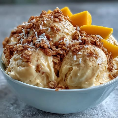 Creamy vegan mango coconut ice cream with toasted oats, served in a bowl and topped with fresh mango slices and mint leaves.