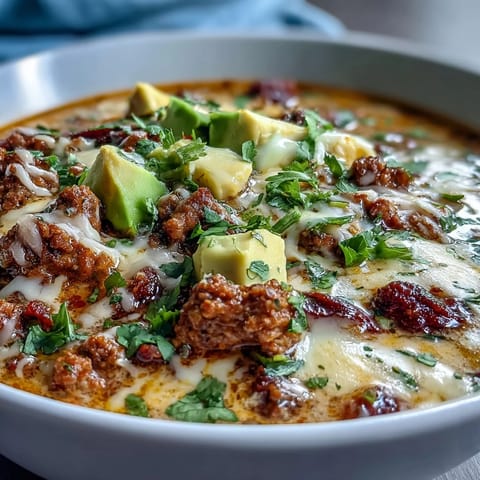 Keto taco soup with ground beef, cheese, and avocado, a creamy low-carb delight.  
