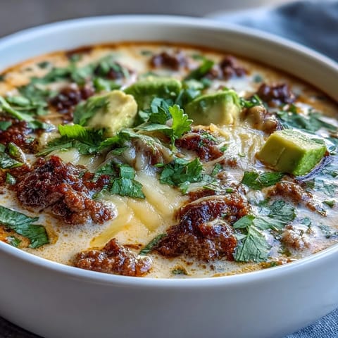 Savory ground beef taco soup topped with melty cheese and fresh avocado slices.  