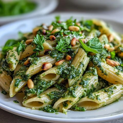 Creamy pesto pasta with fresh basil and toasted pine nuts in a light cream cheese sauce, garnished with Parmesan.  