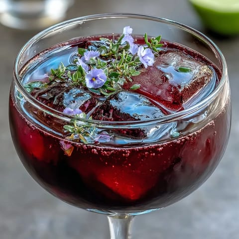 Elegant black currant gin cocktail featuring botanical gin, tangy lime, and rich syrup, served over ice.