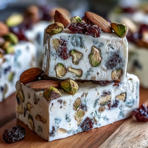 Soft, glossy nougat candy studded with colorful dried fruits and crunchy pistachios, cut into neat squares for serving.  