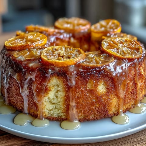 Moist olive oil cake with candied orange slices, topped with citrus glaze, perfect for dessert or tea time.