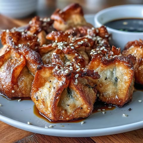 Crispy air fryer chicken dumplings served with a savory sesame soy dipping sauce.