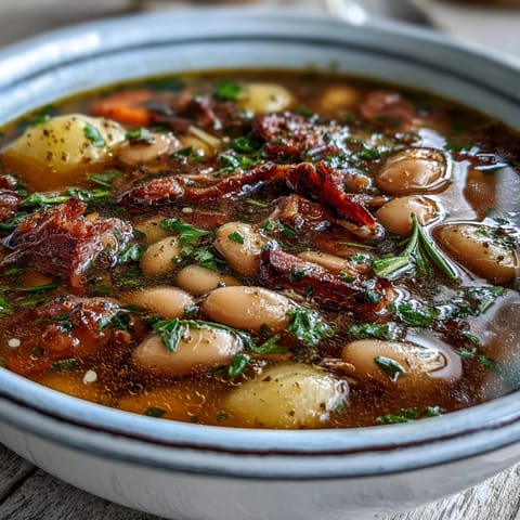 Hearty white beans, smoky ham, and diced potatoes simmer together in a rustic, flavorful winter soup.  
