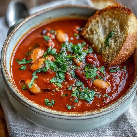 A steaming bowl of roasted red pepper and white bean soup, garnished with fresh parsley and olive oil, served with crusty bread.  