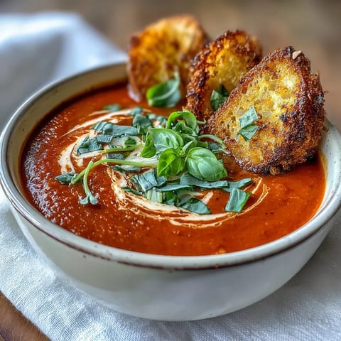 Creamy tomato basil soup garnished with chopped basil, accompanied by warm, crispy sourdough bread strips perfect for dunking.