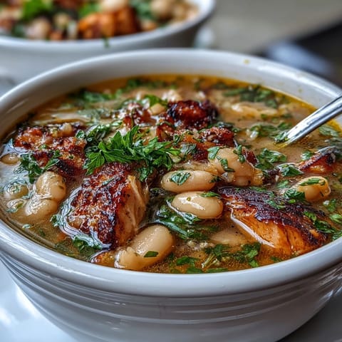Hearty smoked turkey and white bean soup with fresh herbs, carrots, and celery in a rich, savory broth.
