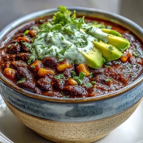Hearty black bean and corn chili topped with tangy lime crema, garnished with fresh cilantro and avocado slices.  