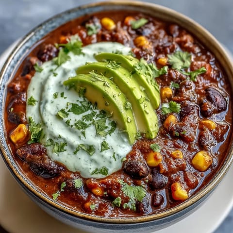 A bowl of smoky vegetarian chili loaded with black beans, sweet corn, and bold spices, finished with zesty lime crema.  