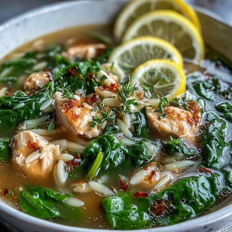 Bright lemon chicken orzo soup with tender chicken, fresh spinach, and orzo pasta in a comforting, citrusy broth.