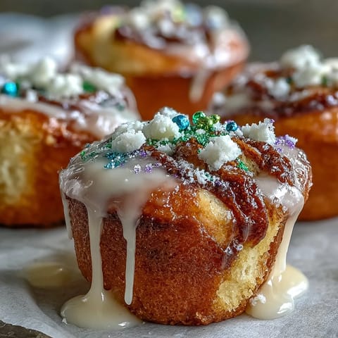 Festive mini cupcakes with cinnamon swirl and colorful sugar, perfect for Mardi Gras dessert spreads.