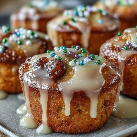 Bite-sized King Cake cupcakes with rich cinnamon filling, drizzled with vanilla glaze and sparkling sugar.