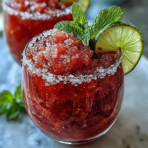 Vibrant frozen strawberry daiquiri mocktail with lime sugar rim, perfect for summer gatherings and non-alcoholic refreshment.