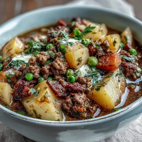 Warm bowl of Shepherds Pie Soup featuring tender potatoes, peas, and carrots in a rich, comforting beef broth.  