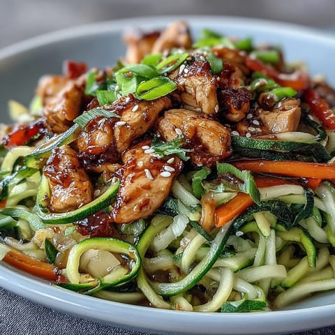 A colorful plate of zucchini noodle stir fry with tender chicken slices and vibrant vegetables in a savory Asian-inspired sauce.