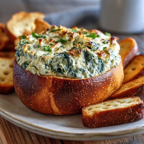 Creamy St. Patrick's Day spinach artichoke dip baked in a crusty sourdough bread bowl, perfect for festive gatherings.