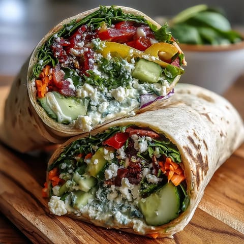 Colorful veggie wraps filled with crisp bell peppers, carrots, cucumber, and spinach, perfect for a healthy packed lunch.