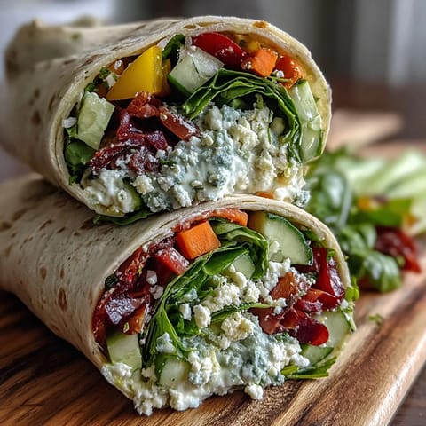 Vibrant rainbow veggie wraps with layers of crunchy vegetables and creamy hummus, ideal for an on-the-go nutritious meal.