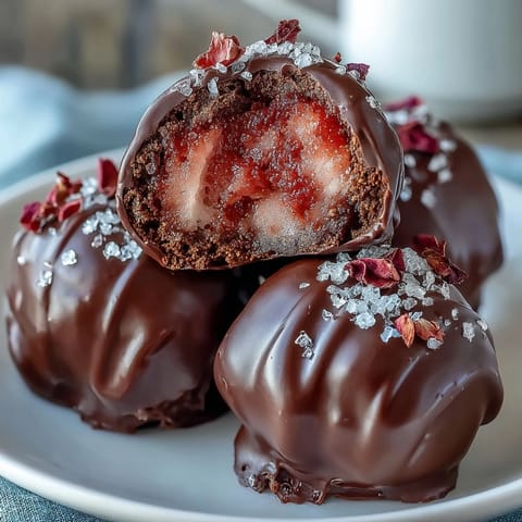 Dubai-style strawberry truffles with dark chocolate shell and rosewater, elegantly garnished with pistachios and rose petals