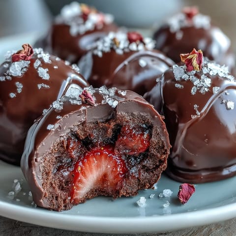 Bite-sized strawberry truffles infused with cardamom and rosewater, dipped in glossy dark chocolate and sprinkled with crushed pistachios