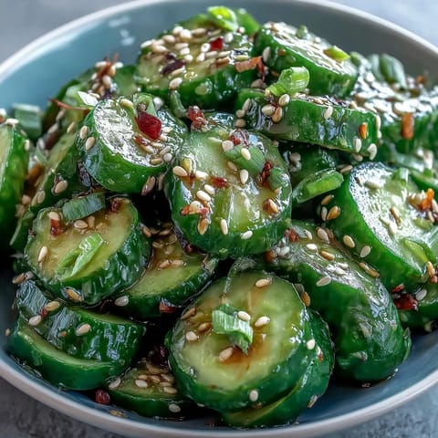 Crisp Asian cucumber salad with sesame and rice vinegar, a refreshing vegan side for warm weather meals.
