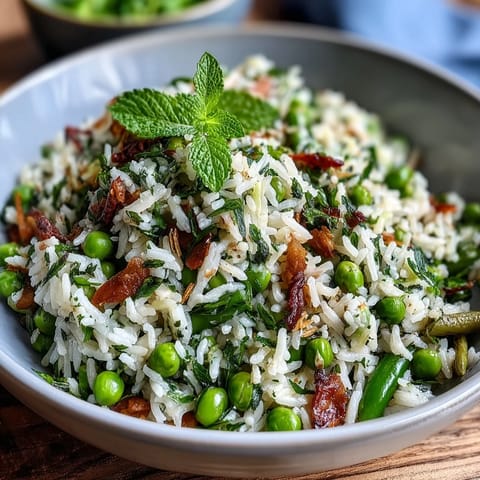 Fresh spring pea and mint rice pilaf with vibrant green peas and aromatic herbs, served in a white bowl.