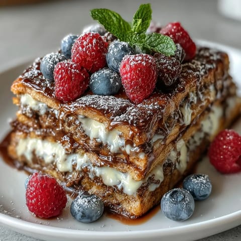 Fluffy pancake casserole baked with fresh berries and creamy custard, dusted with powdered sugar for a festive Mothers Day brunch centerpiece.