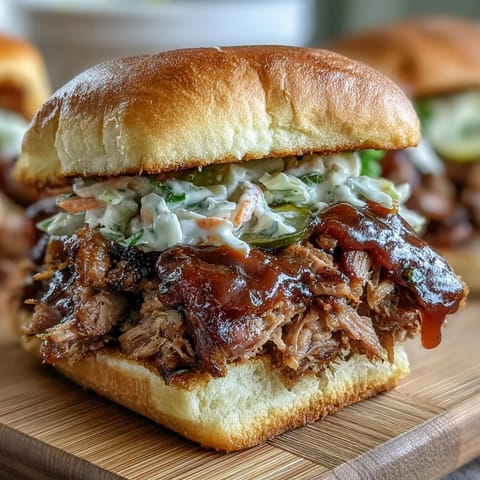 1. Juicy BBQ brisket sliders piled high on soft buns, topped with tangy slaw and smoky BBQ sauce.  