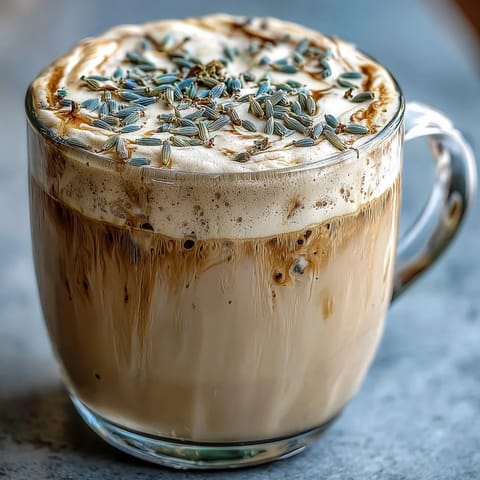 A creamy lavender oat milk latte with a soft floral aroma and a smooth, velvety finish.