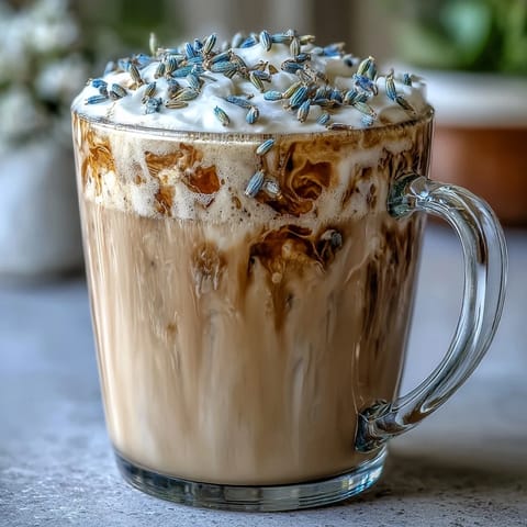 A warm, comforting lavender oat milk latte with hints of fragrant lavender and rich espresso.