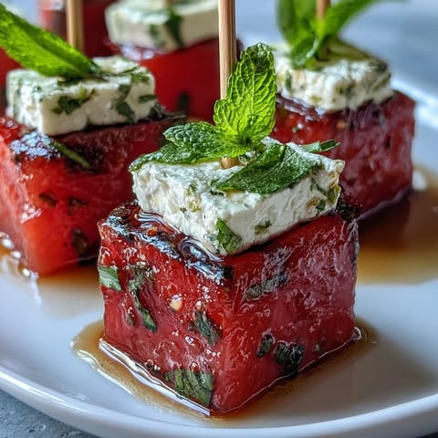 Colorful watermelon feta mint skewers drizzled with olive oil, perfect for refreshing party bites.