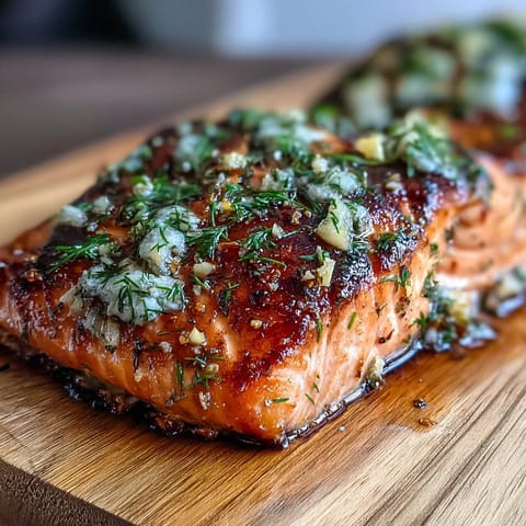 Cedar Plank Salmon with Garlic Dill, smoky grilled fillets infused with fresh herbs and lemon on aromatic cedar, perfect for summer cookouts.