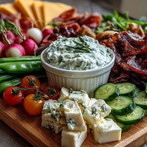A colorful spring charcuterie board featuring radishes, peas, and herb dip, perfect for fresh gatherings.
