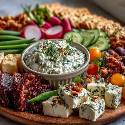 Fresh spring charcuterie board with radishes, sugar snap peas, and creamy herb dip for vibrant entertaining.