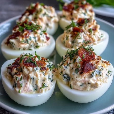Creamy smoked salmon deviled eggs topped with everything bagel seasoning and fresh chives, perfect for brunch or parties.