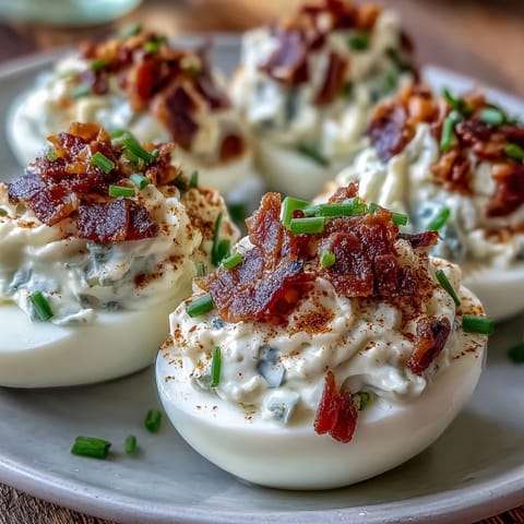 Bacon Ranch Deviled Eggs with crispy bacon and fresh chives, a creamy and savory appetizer perfect for Easter brunch or any party.
